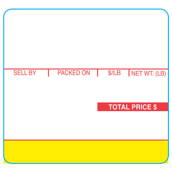 A white rectangular label roll for Ishida scales with a yellow rectangular price tag with a red border.