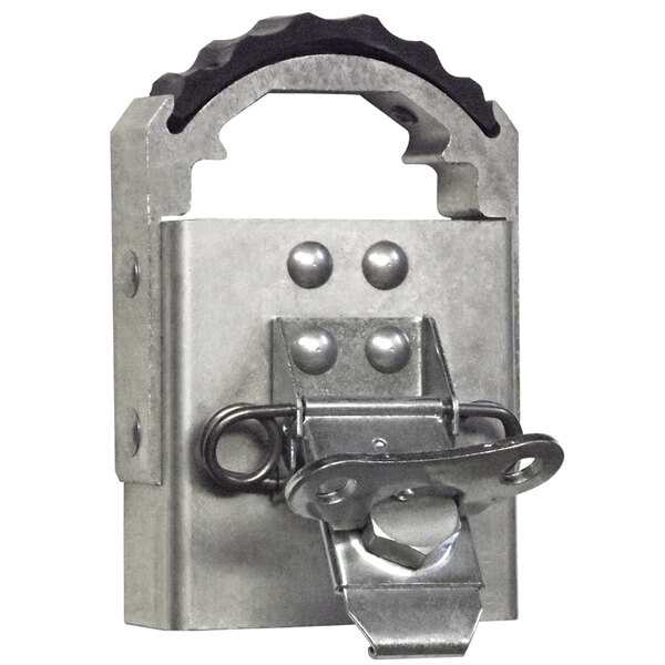 A metal latch with a black rubber grip.