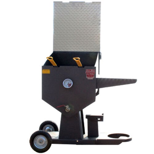 A R & V Works Commercial Jimmy outdoor deep fryer with wheels and a gauge.