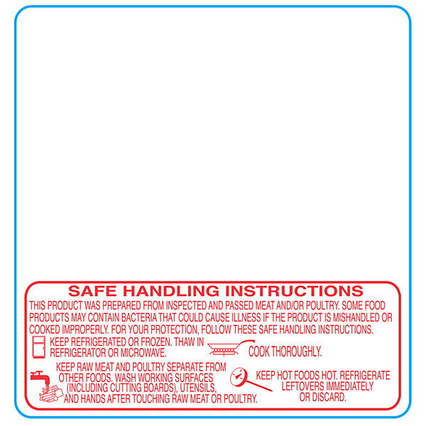 A roll of white rectangular Tor Rey Safe Handling stickers with red text.