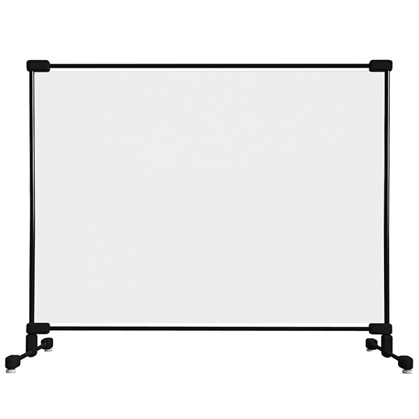 A clear PVC safety partition with a black fiberglass frame.