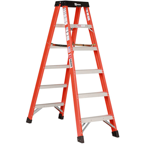 A red and orange Bauer 10' fiberglass 2-way step ladder.