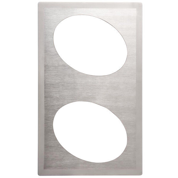 A stainless steel oval plate adapter with a satin finish and two oval holes.