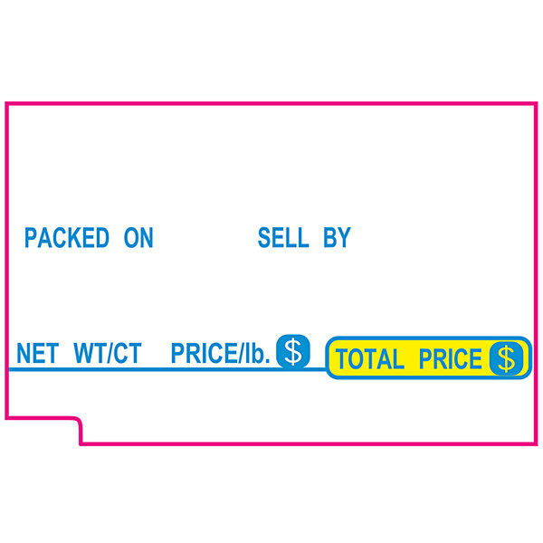 A white scale label with blue and red rectangles and yellow text reading "sold by" and "on sale"