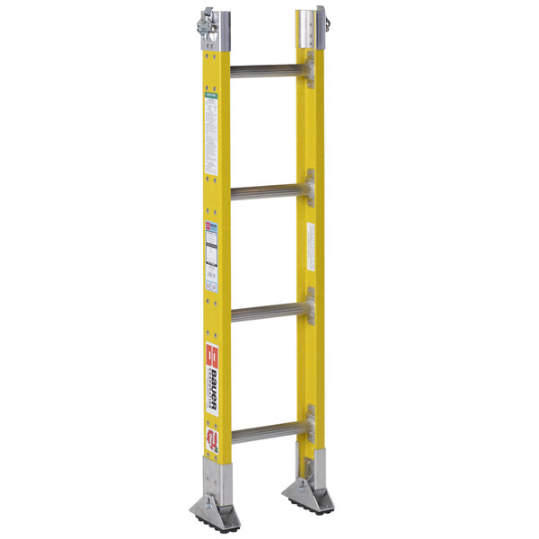 A yellow ladder base section with silver metal rods.