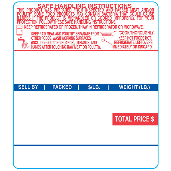 A roll of white Ishida Safe Handling scale labels with red text and images of warning signs.