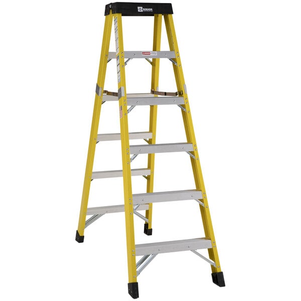 A yellow Bauer Corporation fiberglass step ladder with black top and three steps.