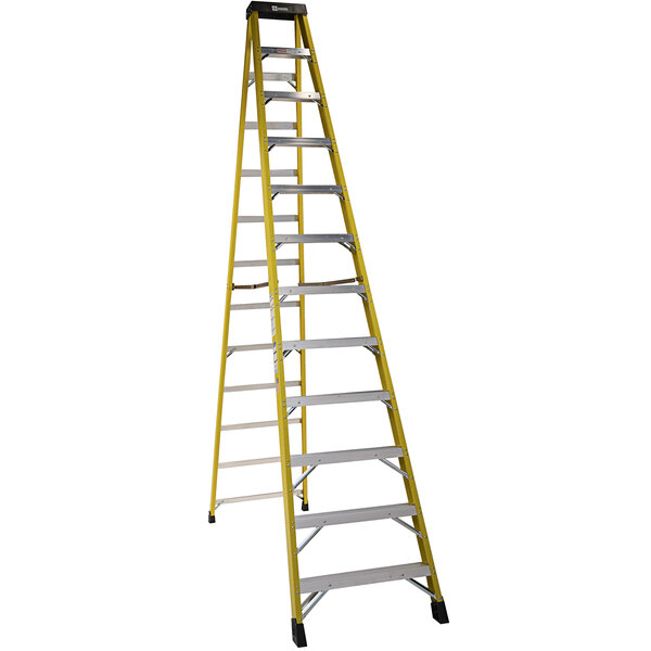 A yellow Bauer Corporation 308 Series fiberglass ladder.