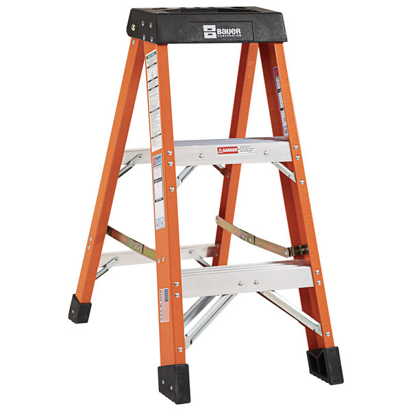 A Bauer Corporation 304 Series Type 1A 3' Safety Orange fiberglass step ladder with a black and orange top and red handle.
