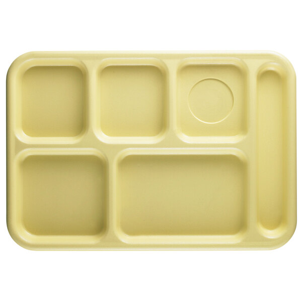 A yellow tray with six compartments.