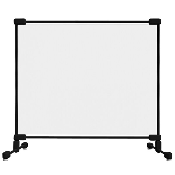 A white rectangular PVC safety partition with black fiberglass poles.