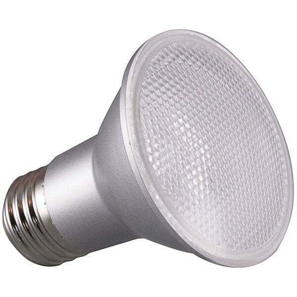 A close-up of a Satco PAR20 LED light bulb with a white cover.