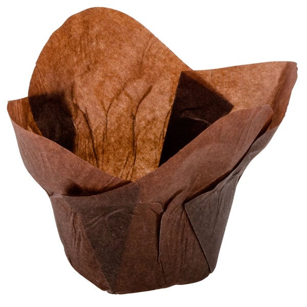 A Hoffmaster chocolate brown paper baking cup with a brown paper wrapper.
