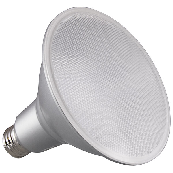 A close up of a Satco warm white LED reflector light bulb with a white cover.