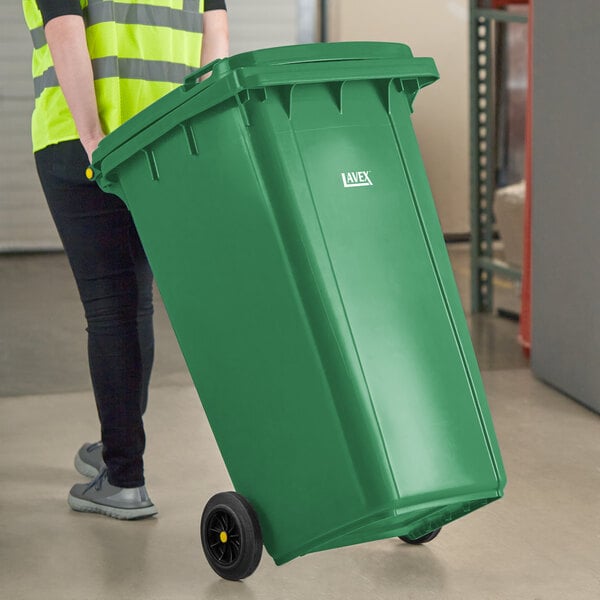 Lavex 64 Gallon Green Wheeled Rectangular Trash Can with Lid