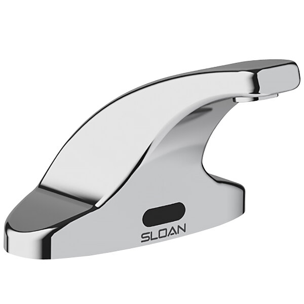 A chrome Sloan hands free faucet with a black sensor button.