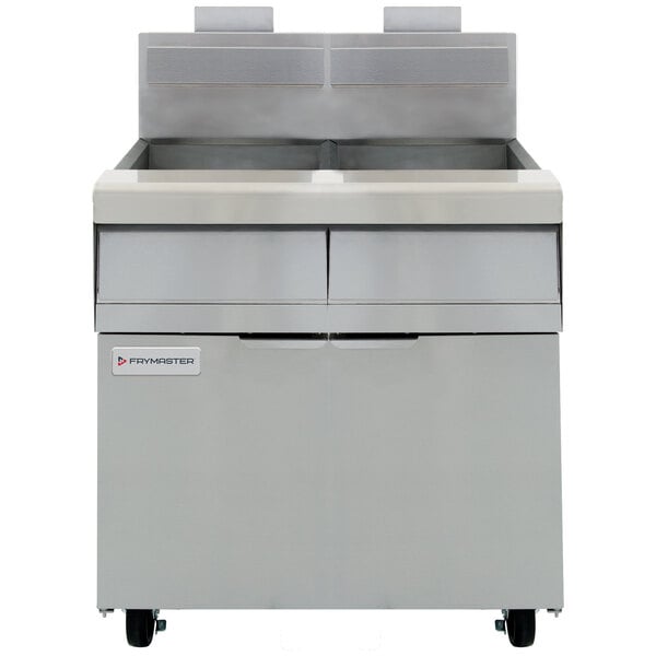 A Frymaster Liquid Propane floor fryer with two drawers in a stainless steel cabinet.