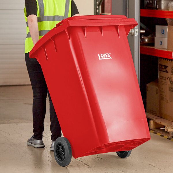 Lavex 95 Gallon Red Wheeled Rectangular Trash Can with Lid