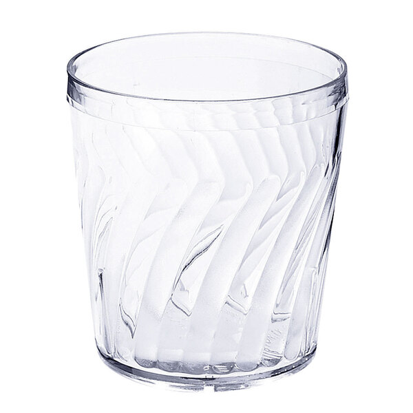 A clear GET plastic tumbler with a curved edge.