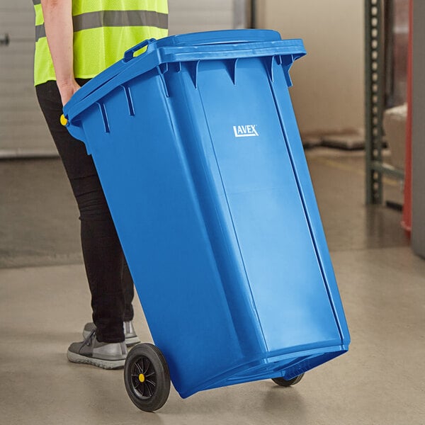 Lavex 50 Gallon Blue Wheeled Rectangular Trash Can with Lid
