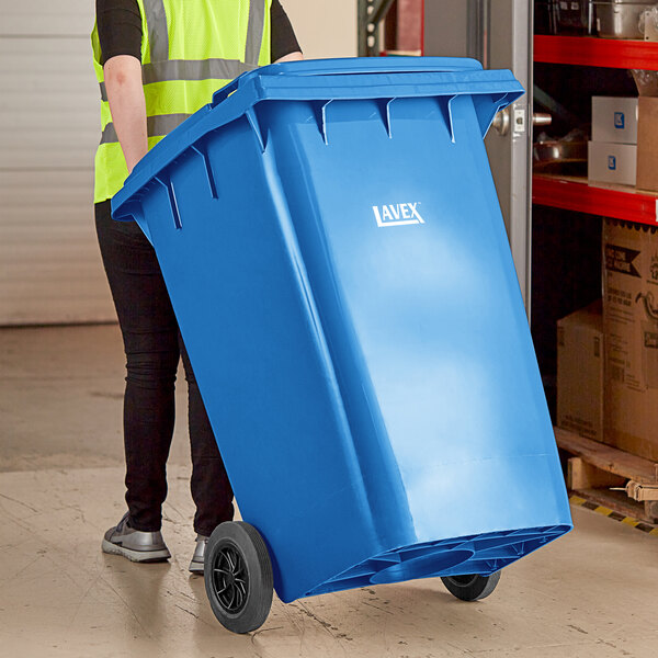 Lavex 95 Gallon Blue Wheeled Rectangular Trash Can with Lid