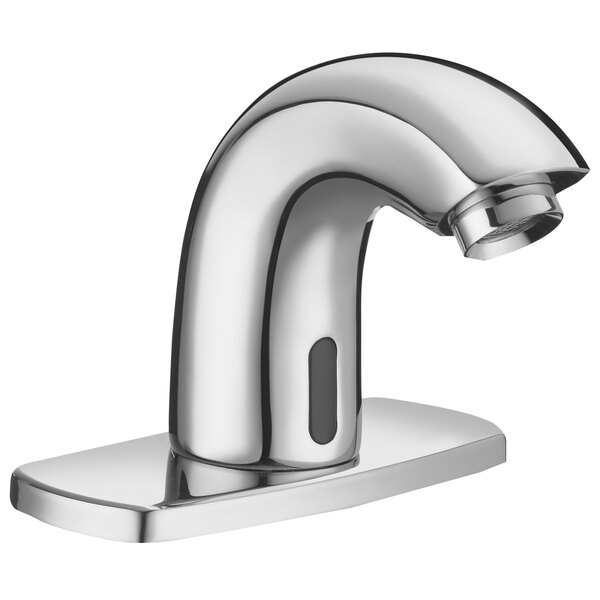 A Sloan deck mounted sensor faucet with a chrome finish and a silver button.