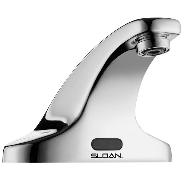 A Sloan deck mounted sensor faucet with a chrome finish and a multi-laminar spray device.