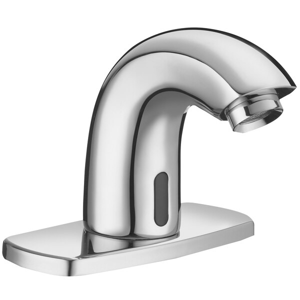 A Sloan battery powered deck mounted sensor faucet with a chrome finish and a silver button.