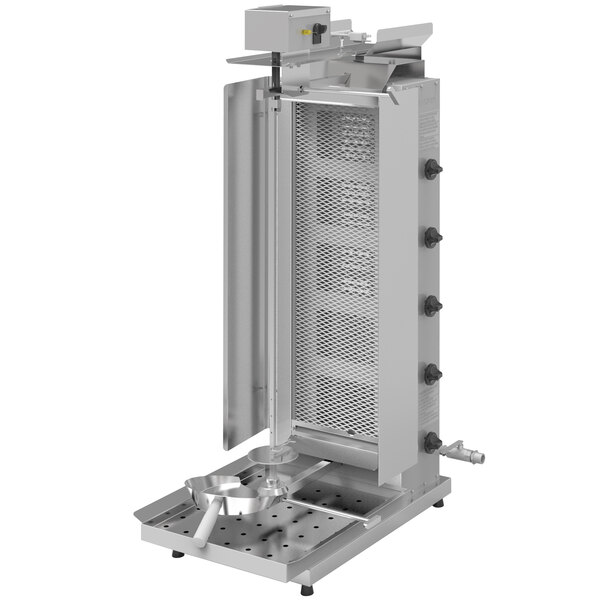 A large Inoksan natural gas gyro machine with a mesh shield over the vertical broilers.