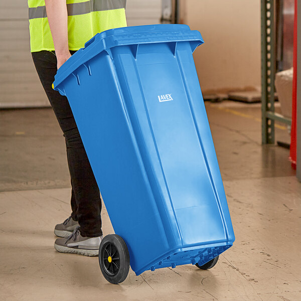 Lavex 32 Gallon Blue Wheeled Rectangular Trash Can with Lid