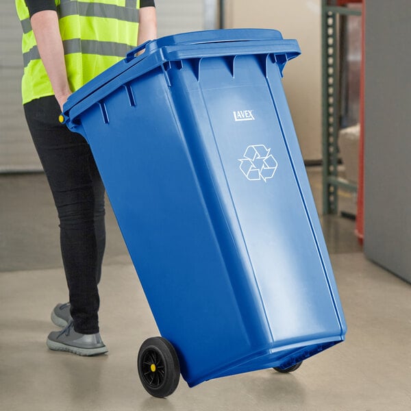 Lavex 64 Gallon Blue Wheeled Rectangular Recycle Bin with Lid