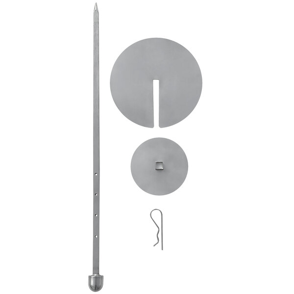 A metal skewer with two round metal hooks.