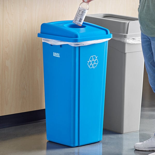 Lavex 23 Gallon Blue Square Recycle Bin with Bottle / Can Lid