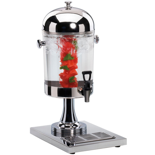 A stainless steel infusion beverage dispenser on a counter with liquid inside.