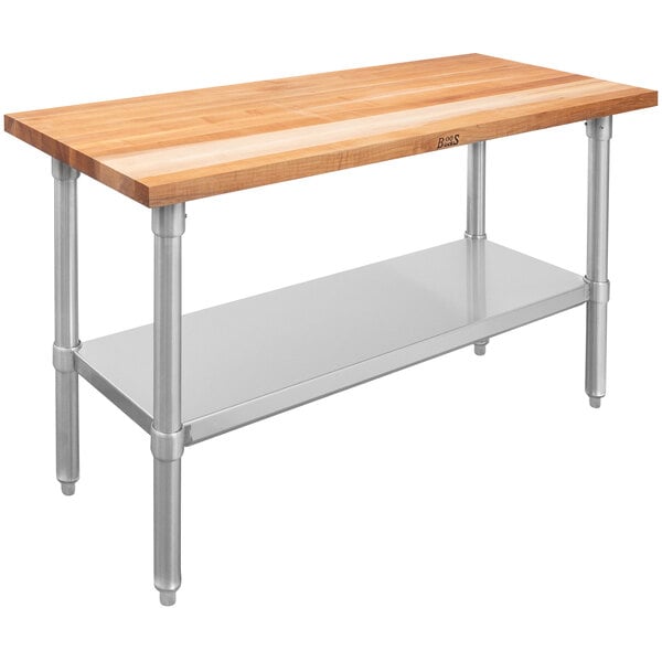 A wood top work table with a galvanized metal base and adjustable undershelf.