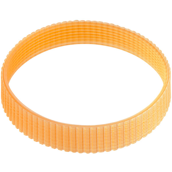 An orange rubber belt with a yellow plastic ring.