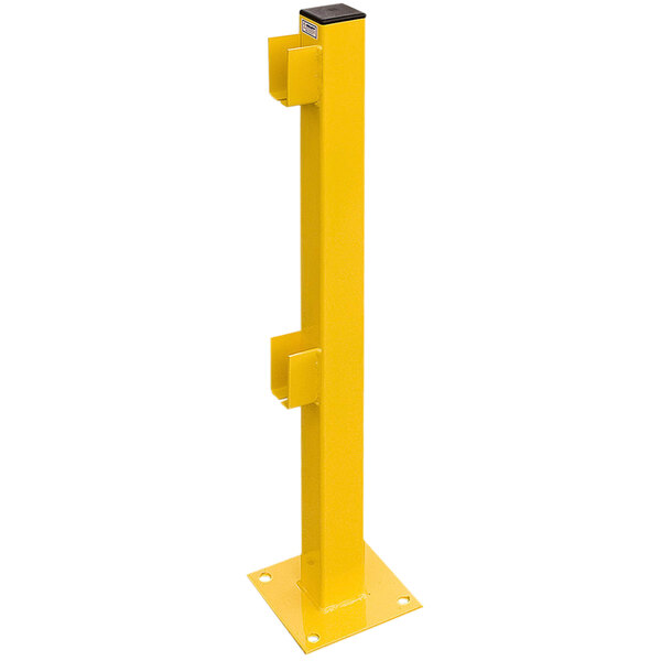 A yellow metal Bluff Manufacturing double rail end post with floor rail option.