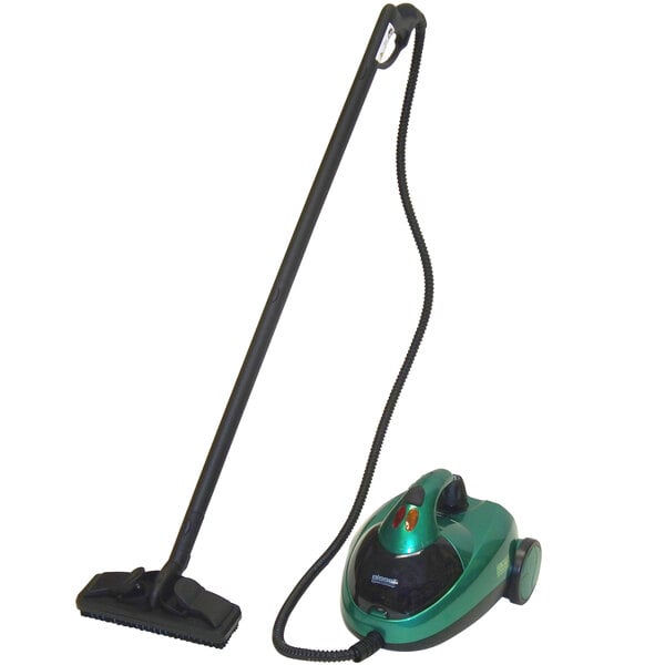 A green and black Bissell Commercial steam cleaner with wheels.