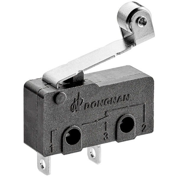 A black microswitch with a metal lever.