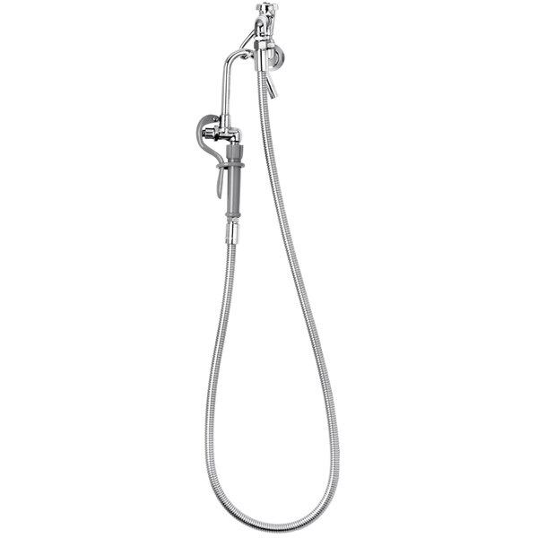 A silver T&S wall mounted pot and kettle filler with a metal handle and hose.
