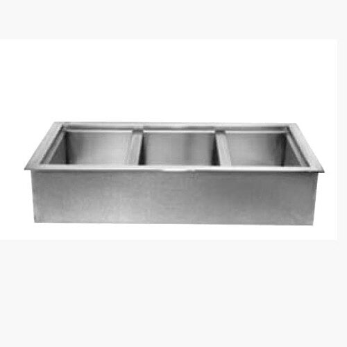 A stainless steel divider bar in a metal food well with three sections.