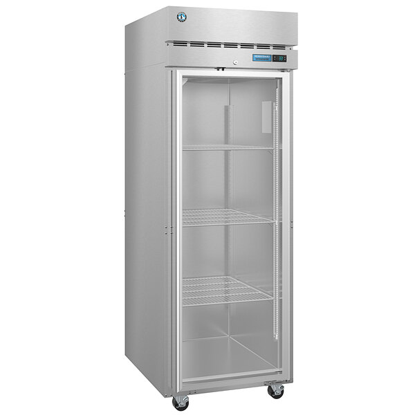 A large stainless steel Hoshizaki pass-through refrigerator with glass doors.