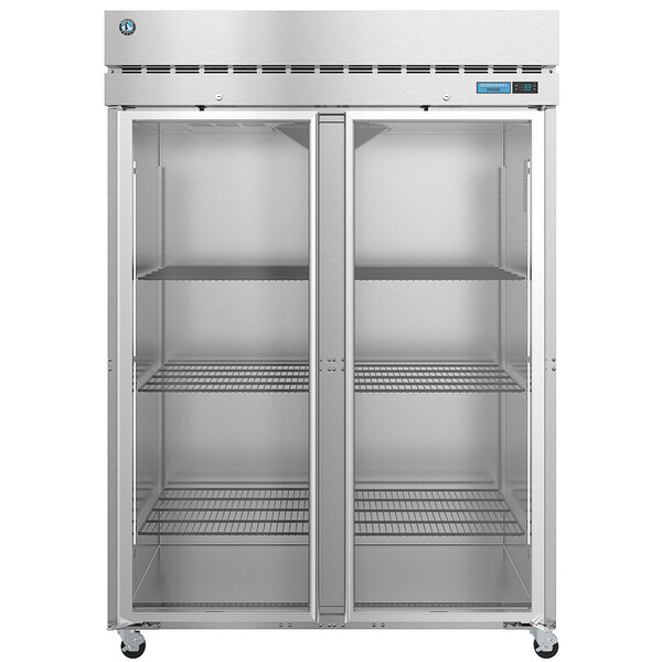 A Hoshizaki pass-through reach-in refrigerator with two full glass doors.