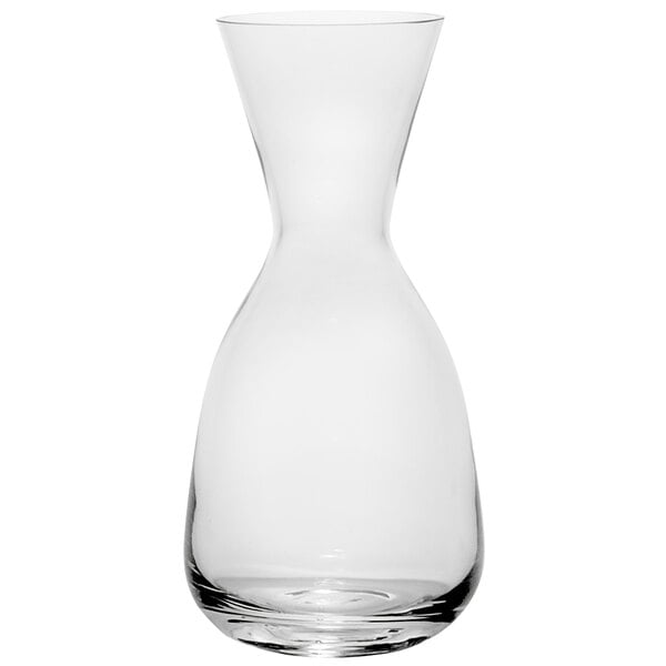 A clear glass carafe with a cone shaped neck.
