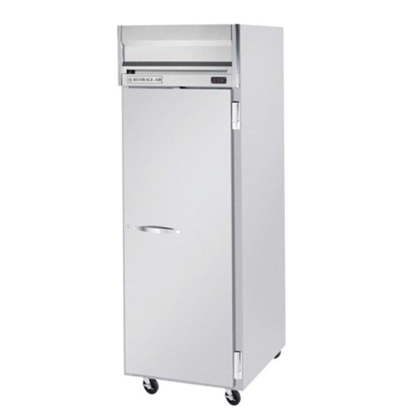 A silver Beverage-Air reach-in freezer with a handle on wheels.