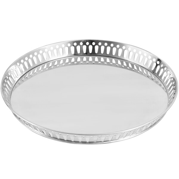 A silver Fortessa Crafthouse stainless steel round bar tray with a patterned design.