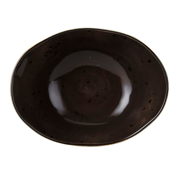 A black and brown Tuxton TuxTrendz Geode mushroom bowl.