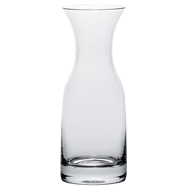 A clear glass carafe with a curved neck.