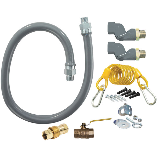 A Dormont grey flexible gas hose kit with a yellow connector and other parts.