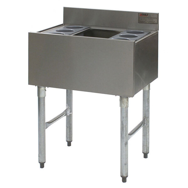 An Eagle Group underbar ice bin with six bottle holders in stainless steel.